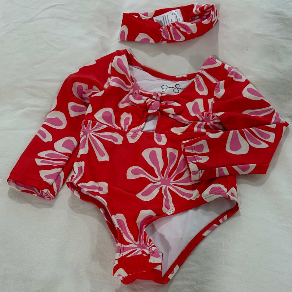 Jessica Simpson Red Floral One-Piece Swimsuit with Matching Headband